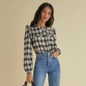 Reformation Black Plaid Puff Sleeve Blouse— Size XS